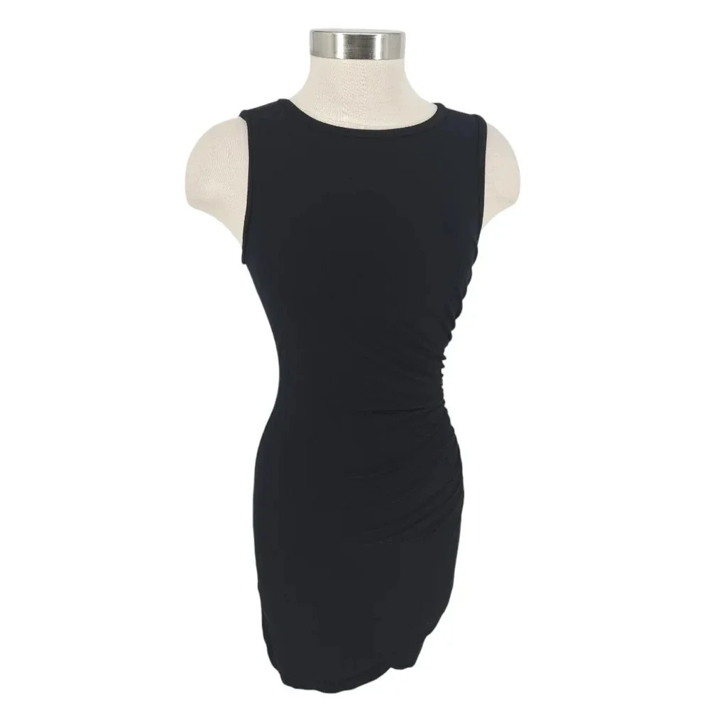 Good American Bodycon Shirt Tank Dress Black Ruched Sleeveless Stretch Knit